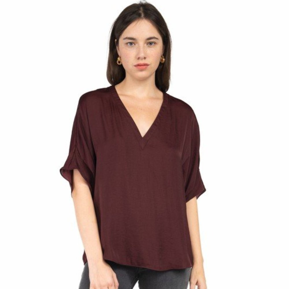 Wine V-Neck Flowy Blouse Dropped Sleeves